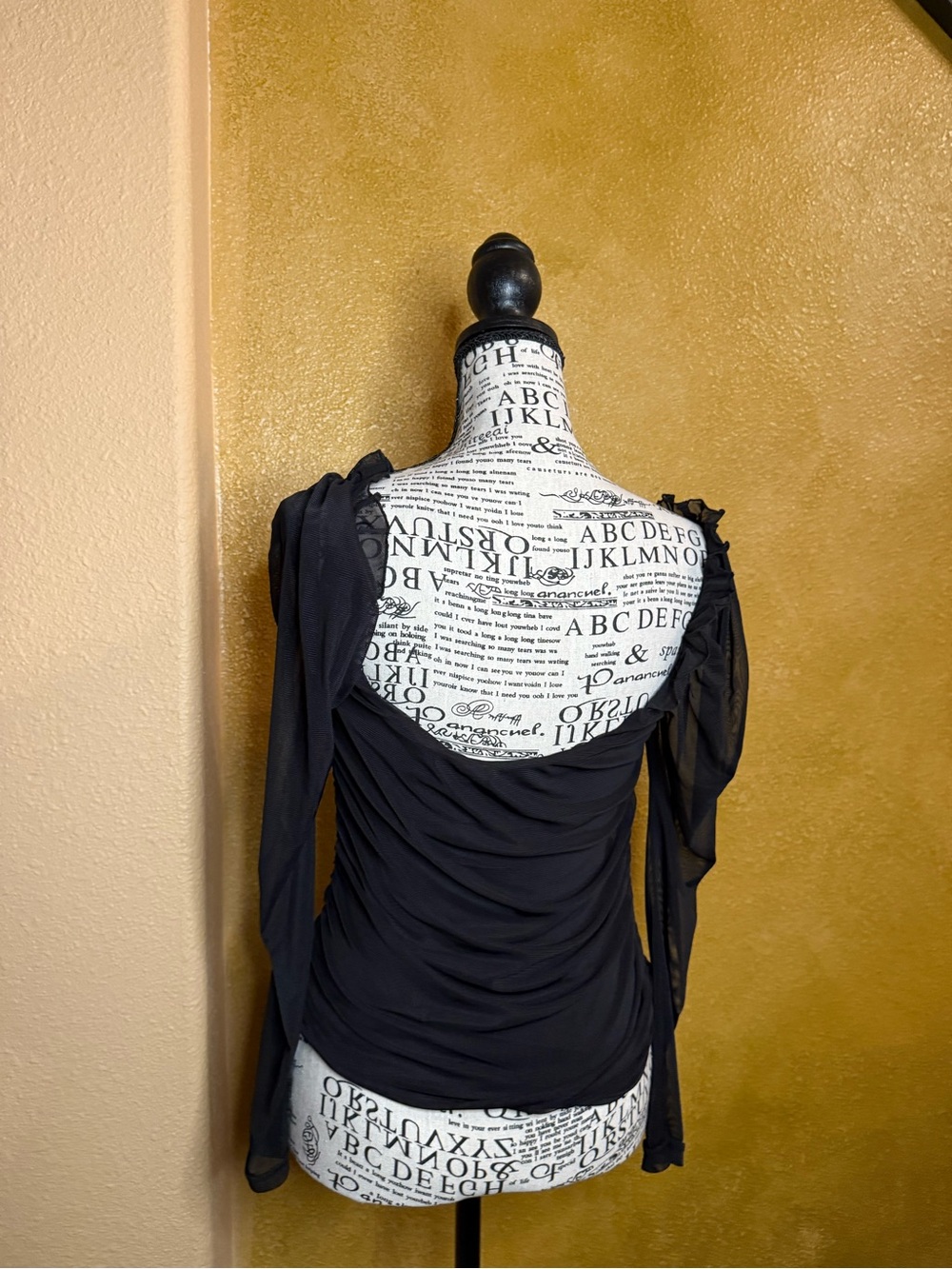 Ruched Black Square Neck Long Sleeve Top - Picture 3 of 4